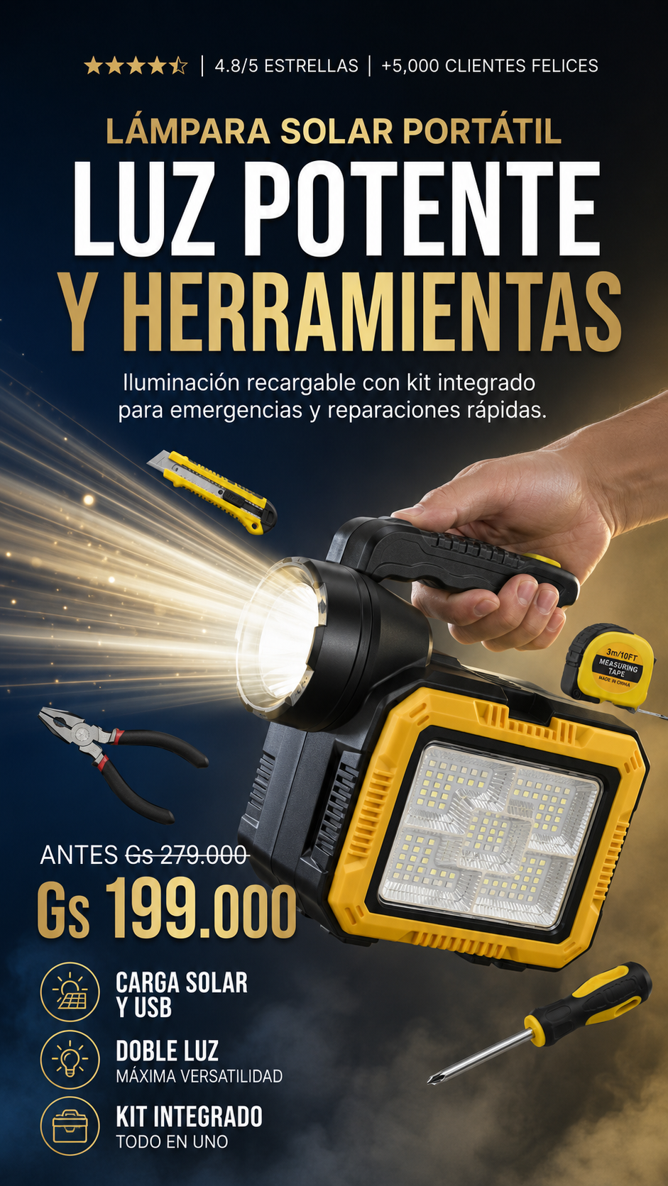 SolarKit Pro™ – Luz Potente + Herramientas en un Solo Equipo